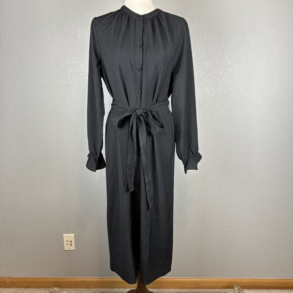 J Crew Women Drapey Shirt Dress Size M Black Satin-back Crepe Button Long Sleeve - Picture 1 of 10